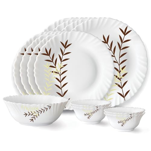 Larah by Borosil Oak Fluted Series Opalware Dinner Set | 13 Pieces for Family of 4 | Microwave & Dishwasher Safe | Bone-Ash Free | Crockery Set for Di