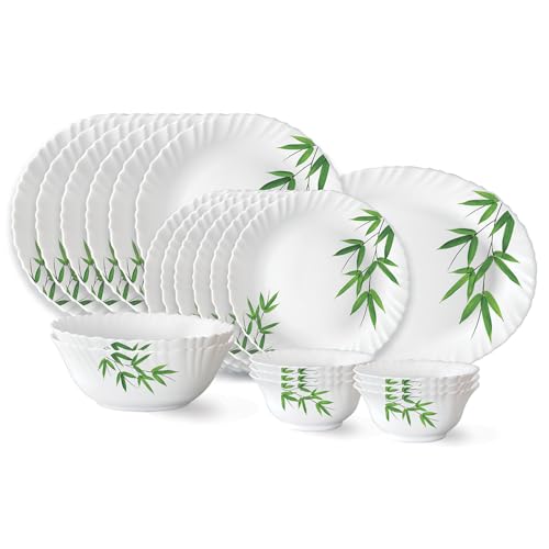 Bamboo Leaves Fluted Series Opalware Dinner Set Of 6 Full Plate, 6 Quarter Plates, 6 Veg Bowls, 2 Serving Bowl and 1 Oval Rice Plate | Bone-Ash Free C