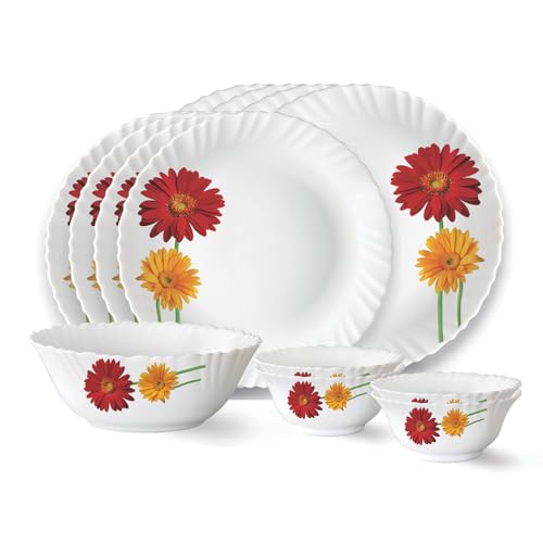 Larah by Borosil Zinnia Fluted Series Opalware Dinner Set | 13 Pieces for Family of 4 | Microwave & Dishwasher Safe | Bone-Ash Free | Crockery Set for