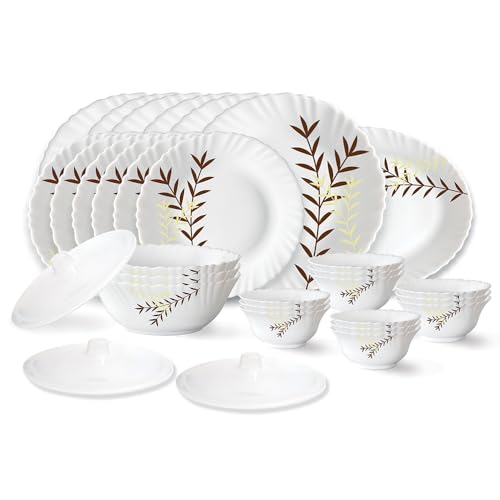 Larah by Borosil Oak Fluted Series Opalware Dinner Set | 31 Pieces for Family of 6 | Microwave &amp; Dishwasher Safe | Bone-Ash Free | Crockery Set fo