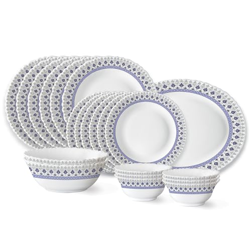 Larah by Borosil Ocean Fluted Series Opalware Dinner Set | 21 Pieces for Family of 6 | Microwave & Dishwasher Safe | Bone-Ash Free | Crockery Set for 