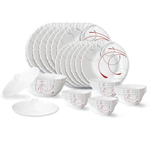 Larah by Borosil Boro Fluted Series Opalware Dinner Set | 28 Pieces for Family of 6 | Microwave & Dishwasher Safe | Bone-Ash Free | Crockery Set for D
