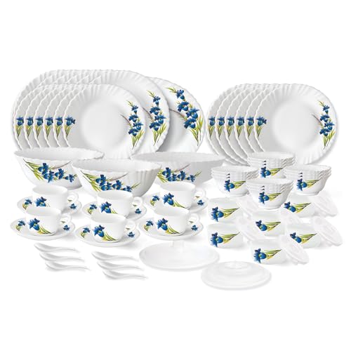 Larah by Borosil Nina Fluted Series Opalware Dinner Set | 66 Pieces for Family of 6 | Microwave & Dishwasher Safe | Bone-Ash Free | Crockery Set for D