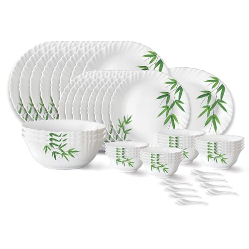 Larah by Borosil Bamboo Leaves Fluted Series Opalware Dinner Set | 44 Pieces for Family of 8 | Microwave & Dishwasher Safe | Bone-Ash Free | Crockery 