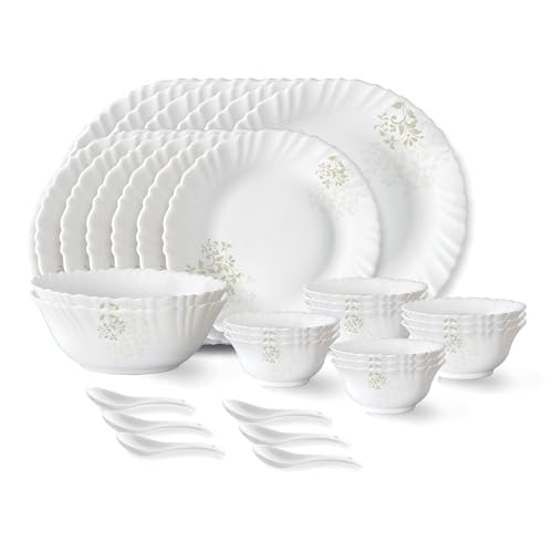 Ingot Fluted Series Opalware Dinner Set | 33 Pieces for Family of 6 | Microwave & Dishwasher Safe | Bone-Ash Free | Crockery Set for Dining & Gifting 