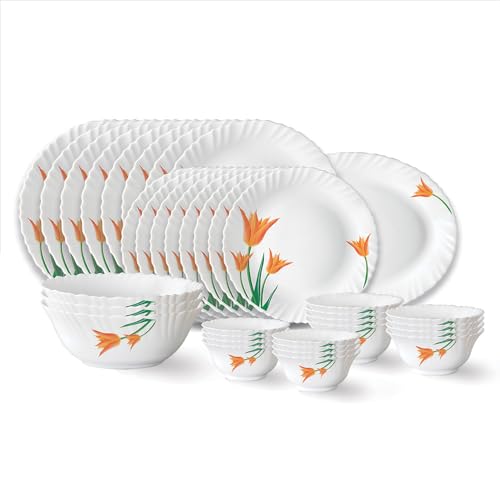 Firefly Fluted Series Opalware Dinner Set | 33 Pieces for Family of 6 | Microwave & Dishwasher Safe | Bone-Ash Free | Crockery Set for Dining & Giftin