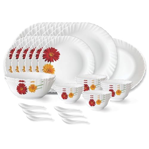 Zinnia Fluted Series Opalware Dinner Set | 33 Pieces for Family of 6 | Microwave & Dishwasher Safe | Bone-Ash Free | Crockery Set for Dining & Gifting