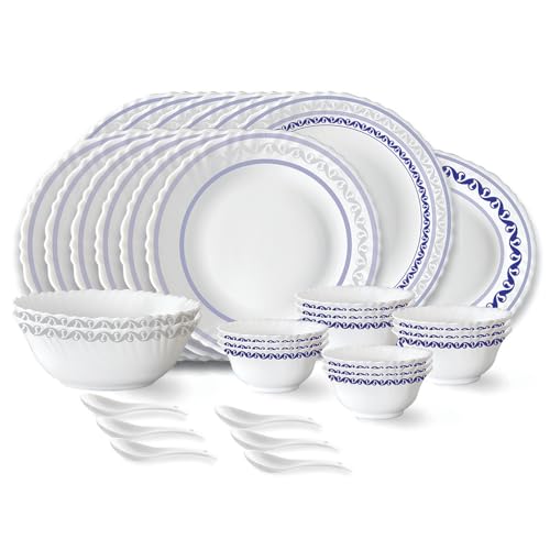 Jazzblue Fluted Series Opalware Dinner Set | 33 Pieces for Family of 6 | Microwave & Dishwasher Safe | Bone-Ash Free | Crockery Set for Dining & Gifti