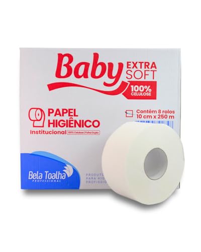 Baby Extra Soft Papel Higiênico Rolão Folha Dupla Caixa com 8 Rolos | 100% Celulose Virgem, 10 cm x 250 m