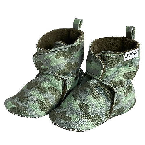 Gerber Baby Fleece Lined Wrap Fasten Non Skid Soft Slipper Booties, Green Camo, 6 9 Months Unisex Infant