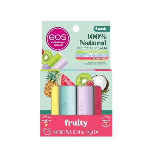 eos 100% Natural Lip Balms- Coconut Milk, Pineapple Passionfruit, Watermelon Frosé & Raspberry Kiwi Splash, All-Day Moisture Lip Care, 0.14 oz, 4-Pack