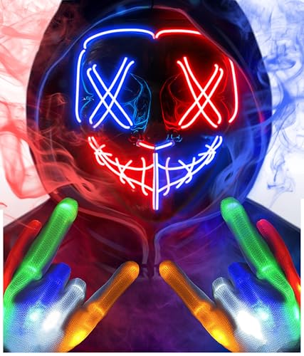 Halloween Mask Skeleton Gloves Set, Halloween Costumes ​Gifts for Men Women Boys Girls, 3 Modes Light Up Scary LED Mask with LED Glow Gloves, Halloween Decorations Scary Scream Anonymous Masks