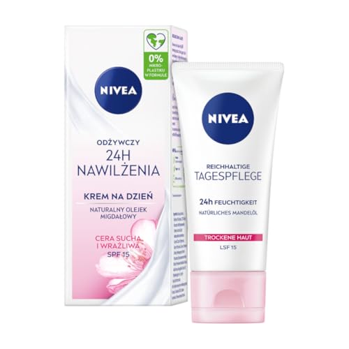 (-24%) NIVEA Reichhaltige Tagespflege 24h Feuchtigkeit (50 ml), Gesichtscreme für trockene Haut mit LSF 15, feuchtigkeitsspendende Tagescreme mit natürlichem Mandelöl