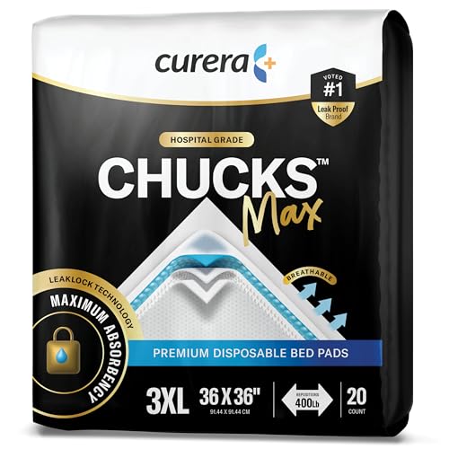 Curera Chucks MAX Hospital Bed Pads Disposable Adult 36 x 36 Breathable Incontinence Pads - XXX-Large Pee Pads for Adults - Heavy Duty Absorbency Underpads - 400 Lbs. Patient Repositioning [20 Count]