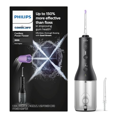 Philips Sonicare Cordless Power Flosser 3000 - Water Flosser with Innovative Quad Stream Technology, Oral Irrigator with 2 Flossing Modes and 3 Pressure Levels, IPX7 Waterproof, Black, HX3826/23