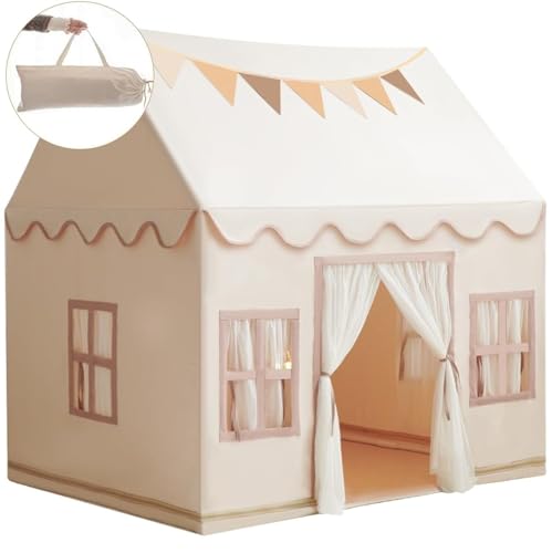 Large Kids Tent Playhouse Base Fabric with Star Lights, Flags and Tote Bags, Kids Play Tent Indoor & Outdoor, Washable Teepee Tent for Boys & Girls, Play House for Toddler, Neutral Color