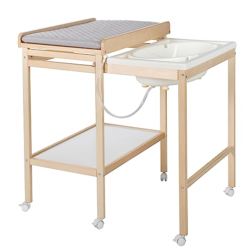 (-34%) roba Bade Wickel Kombination + Wickelauflage Style grau - Mobiler Wickeltisch mit integrierter Badewanne - Kombi mit ausziehbarer Wickelfläche - Holz natur