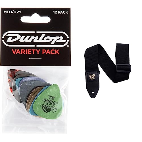 Dunlop Pick Variety Pack, Assorted Medium/Heavy 12-Pack & Ernie Ball Polypro Strap