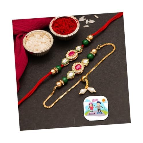 CraftVatika Rakhi Set for Brother and Bhabhi, Lumba Floral Rakhi Kundan Bracelet Rakhis for Bhaiya Bhabhi Rakhis for Rakshabandhan Couple Pearl Set of