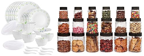 Cello Tropical Lagoon Dazzle Series Opalware Dinner Set, 35 Pieces, Service for 6, White, Extra Large & Cello Checkers Plastic PET Canister Set, 18 Pi