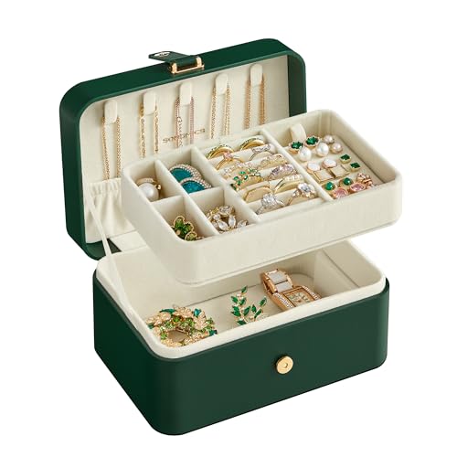 SONGMICS Caixa de Joias, Organizador de 2 Camadas, Estojo de Joias de Viagem 11,6 x 16 x 7,5 cm, Portátil, Pequeno e Espaçoso, para Acessórios Maiores, Ideia de Presente, Verde Floresta BRJBC166C01