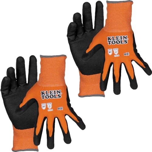 Klein Tools 60580 Work Gloves, Knit Dipped Cut Resistant ANSI A1 Nitrile Coated Gloves, Nylon-Spandex, Touchscreen Capable, Medium, 2-Pair