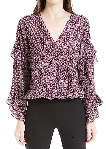 Max Studio Women's Crepe Long Sleeve Faux Wrap Blouse, Plum Graphic Sunflower, X-Small