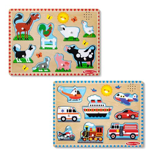 Melissa & Doug Wooden Light-Activated Sound Puzzle 2-Pack for Toddler and Preschool Boys and Girls – Farm Animals, Vehicles