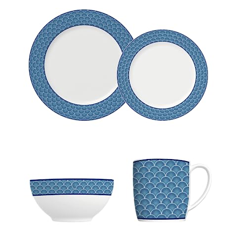 Jogo de jantar completo em porcelana, Modelo Capri, Urban, Aura Azul, 16 peças, Germer, Branco com detalhes em azul