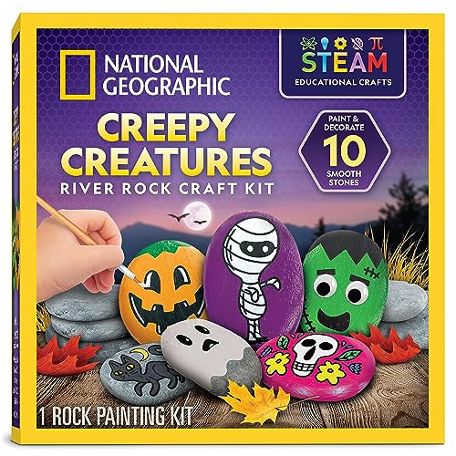 NATIONAL GEOGRAPHIC Creepy Creatures Rock Painting Kit - Halloween Arts & Crafts Kit for Kids, Decorate 10 River Rocks with 10 Paint Colors & More Spooky Art Supplies, Halloween Gifts for Kids