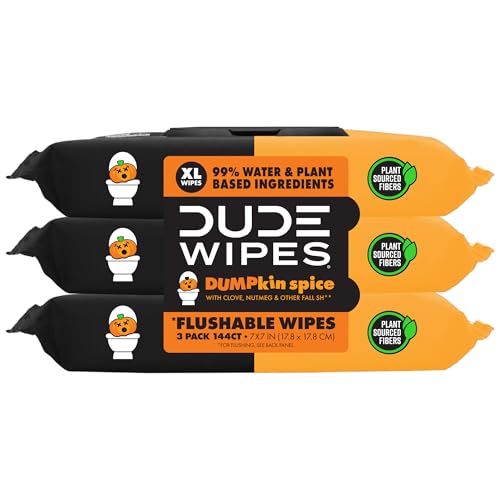 DUDE Wipes - Flushable Wipes - 3 Pack, 144 Count - DUMPkin Spice with Clove, Nutmeg, and Other Fall Pumpkin Spice Scents - Septic and Sewer Safe, Extra Large
