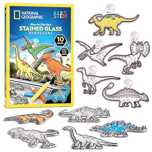 Blue Marble National Geographic Kids Stained Glass Kit - Glow in The Dark Dinosaur Toys, Kids Arts and Crafts Set, Window Sun Catchers, Kid Crafts Ages 4-8, Window Art Craft Kit, Suncatcher
