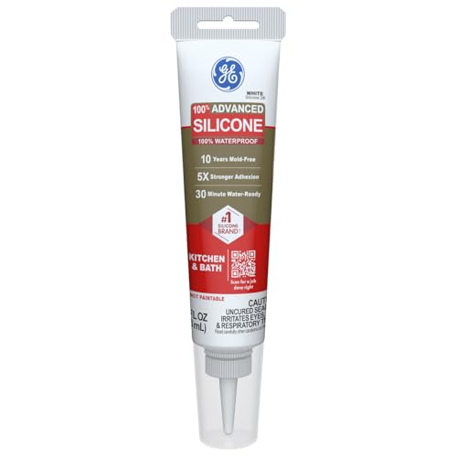 GE Advanced Silicone Caulk for Kitchen & Bathroom, White, 2.8 fl oz Tube, 1 Pack - 100% Waterproof Silicone Sealant, 5X Stronger Adhesion, Shrink & Crack Proof