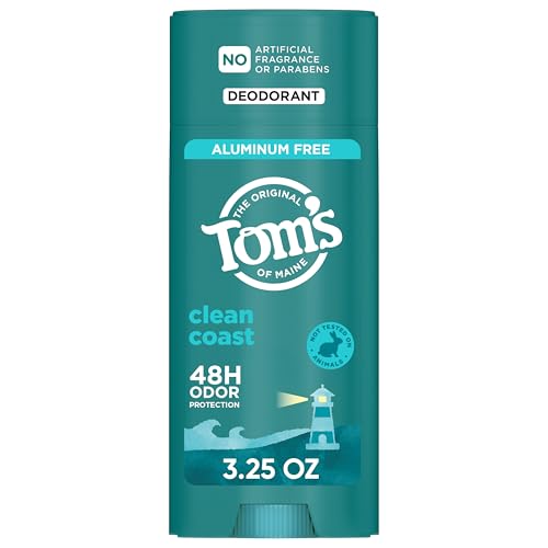 Tom’s of Maine Clean Coast Aluminum Free Natural Deodorant For Women & Men | Goes on Clear | Odor & Wetness Protection | Naturally Derived and Moisture-Locking Ingredients | 3.25 oz