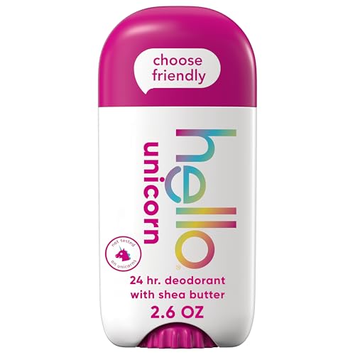 hello Unicorn Aluminum Free Deodorant for Women and Men with Shea Butter, 24-Hour Freshness, Baking Soda Free Deodorant, Dermatologically Tested, 2.6 oz Stick