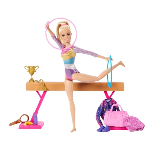 Barbie Gymnastics Doll & Accessories, Playset with Blonde Fashion Doll, C-Clip for Flipping Action, Balance Beam, Warm-Up Suit & More