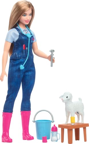 Barbie 65th Anniversary Doll & 10 Accessories, Farm Veterinarian Set with Blonde Vet Doll, Lamb with Moving Ears & More, HRG42
