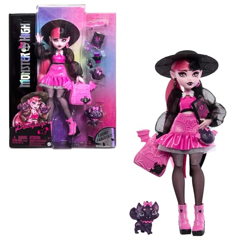 Monster High Draculaura Doll with Pet Bat-Cat Count Fabulous & Accessories Like Backpack, Spell Book, Bento Box & More