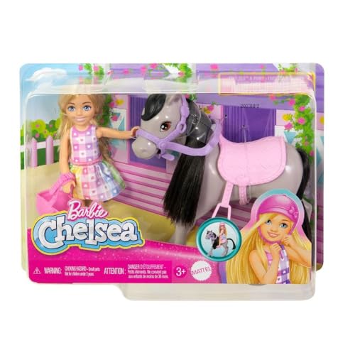 Barbie Chelsea Doll & Toy Horse Set, Includes Helmet Accessory & Saddle, Small Doll Bends at Knees to “Ride” Gray Pony