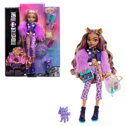 Monster High Clawdeen Wolf Doll with Pet Dog Crescent & Accessories Like Backpack, Planner, Snacks & More
