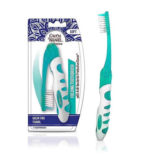 GuruNanda Folding Toothbrush with Built-in Cover, Perfect for Travel, Hiking & Camping, Compact & Portable, On-The-Go Toothbrush with Soft Bristles & Ergonomic Handle, for Adults & Kids (1 Count)