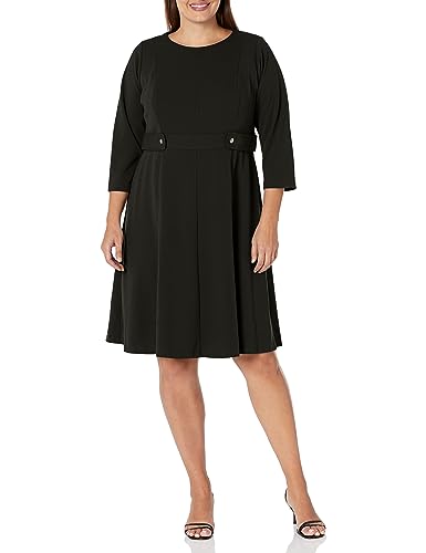 London Times Women's Dresses Crepe Fit and Flare Midi with Waist Button Detail Black