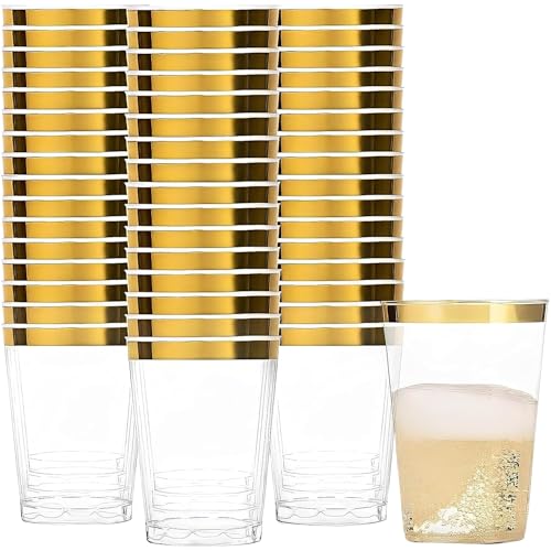 Elegant Gold Rim Plastic Tumblers - 8oz Crystal Clear Cups (50 Count) Disposable for Wine & Cold Beverages | Perfect Cocktail Cups for Weddings & Parties