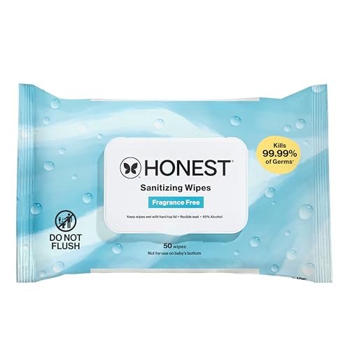The Honest Company Fragrance Free Sanitizing Alcohol Wipes | Antibacterial + Safe for Hands | Kills 99% of Germs, Made With Aloe | 50 Count (1 Pack)