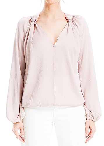 Max Studio Women's Matte Satin Balloon Sleeve V Neck Blouse with Knot Details at Neckline, Mauve, Medium