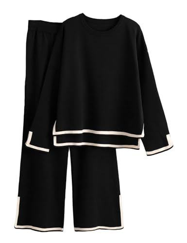 Tanming Women's 2 Piece Outfits Long Sleeve Knit Sweater Top Wide Leg Pants Lounge Sets Tracksuits (Black-XL)