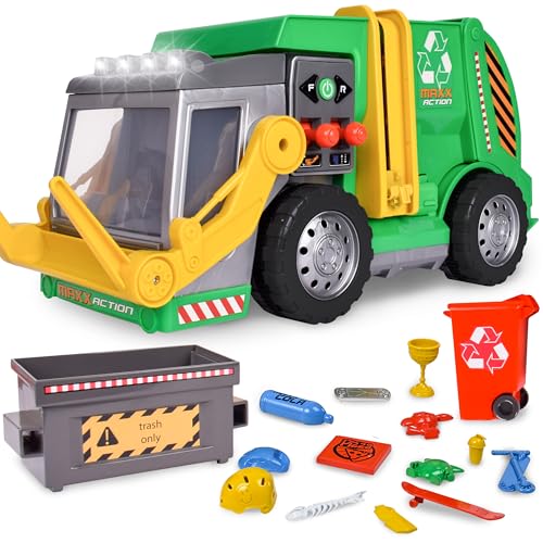 Maxx Action Large Motorized 19" Maxx Action Garbage Truck Toy Set with Lights and Sound Includes Dumpster, Trash Bin and Miniature Trash Pieces for Kids