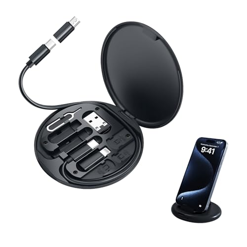 HUMBLE Mini Multi-Functional Fast Charging Data Cable Set for Apple, Android, Type C Charging with Retrieve Card Pin,Round Storage Box,Compact and Por