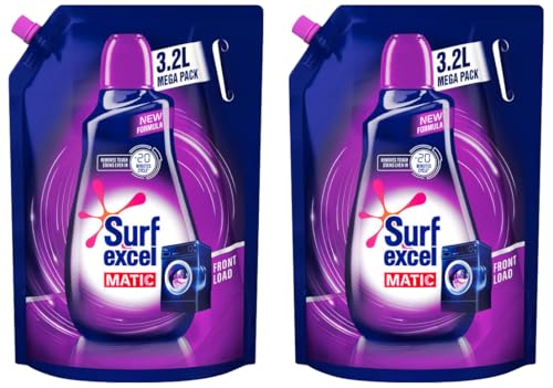 Surf Excel Matic Front Load Liquid Detergent 3.2 L Refill, Designed for Tough Stain Removal on Laundry in Washing Machines - Mega Pack (Pack of 2)