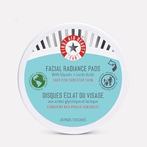 First Aid Beauty - Facial Radiance Pads with Glycolic & Lactic Acids, Daily Exfoliating Pads with AHA, Visibly Smaller Pores, Help Tone & Brighten Skin, One-Step Makeup Prep, Compostable, 28